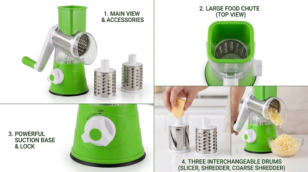 Manual Rotary Vegetable Cutter with 3 Blades